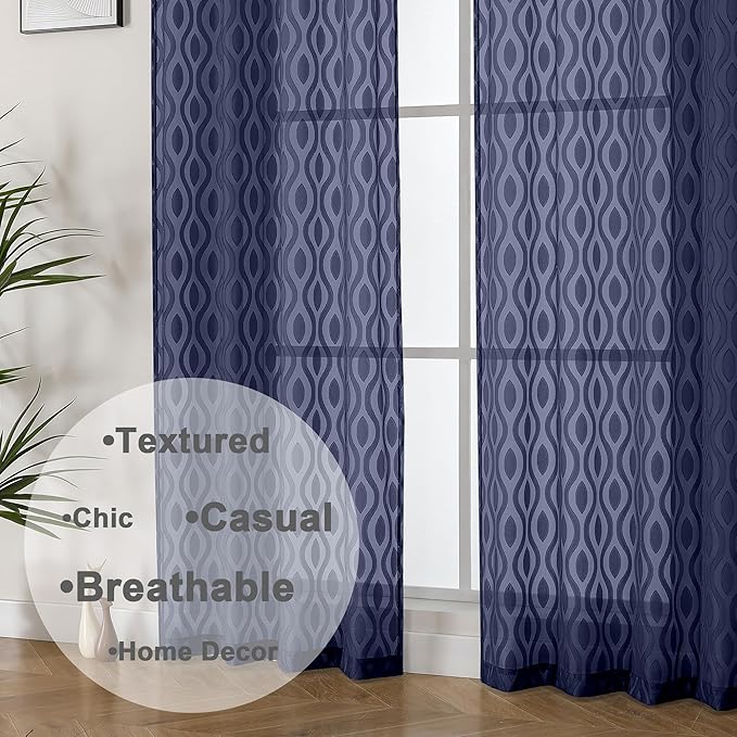 Aiyufeng Blue Sheer Curtains 54 Inch Length 2 Panels, Soft Lightweight Clip Jacquard Textured Sheer Curtain Panels, Modern Wavy Line Voile Sheer Curtains for Bedroom Living Room, 40" Wx54 L Inches