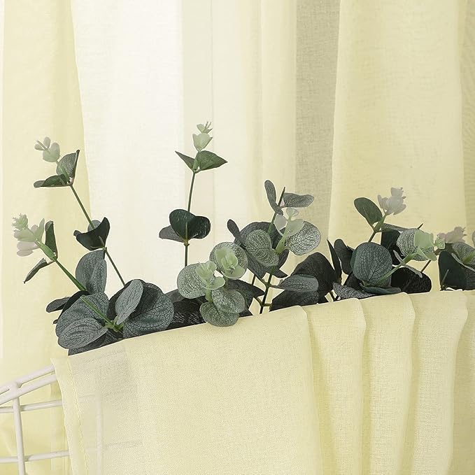 Tollpiz Short Sheer Tier Curtains Linen Textured Half Kitchen Curtain Sheers Light Filtering Rod Pocket Voile Small Curtain for Bathroom, 25 x 24 inches Long, Transparent Yellow, Set of 2 Panels