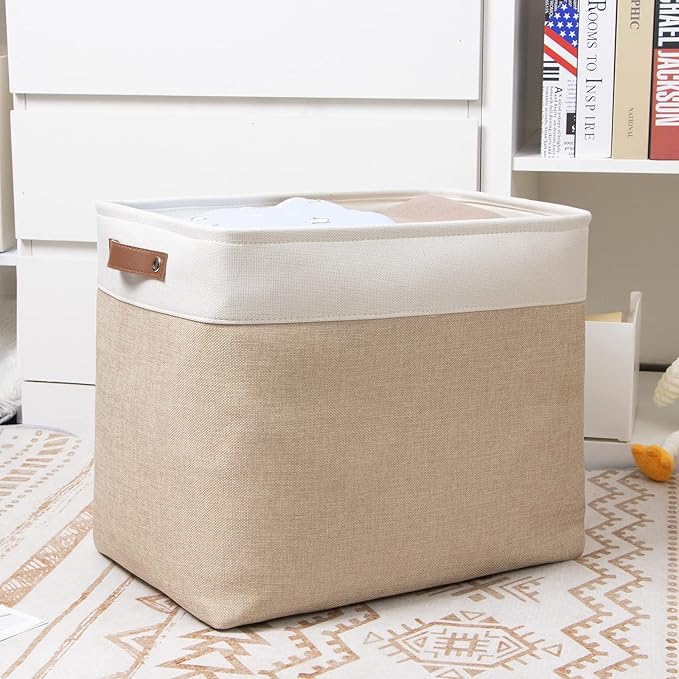 DULLEMELO Large Collapsible Storage Basket/Bin with Sturdy Leather Handles, Fabric Organizer Bin for Storage Clothes, Toys, Books, Office, Bedroom, Closet, Nursery & Laundry (White&Khaki)