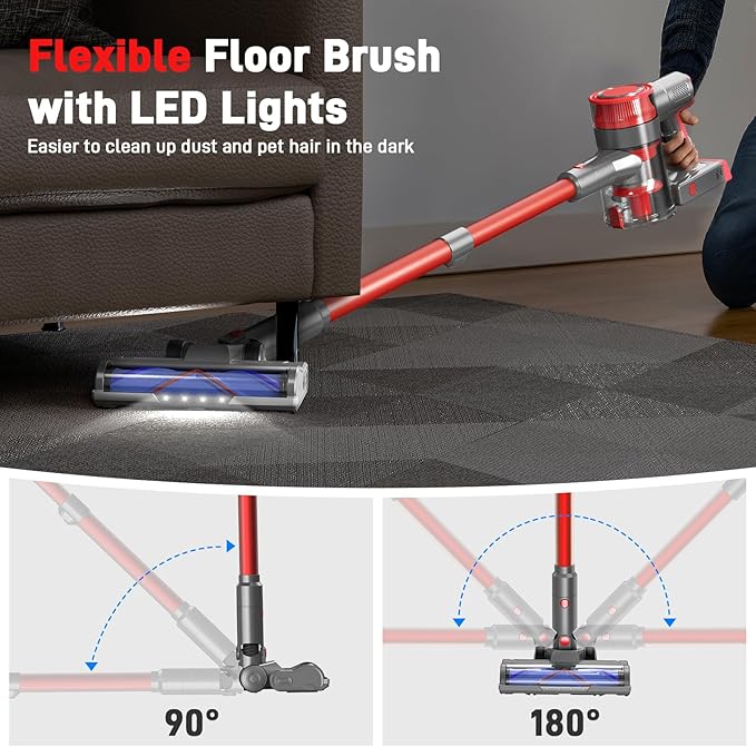 Cordless Vacuum Cleaner, Lightweight Stick Vacuum Cleaner for Home, 6 in 1, Anti-Tangle Vacuum with Powerful Suction, 180° Bendable Wand Rechargeable Cordless Vacuum for Floor Pet Hair/Carpet Deep Red