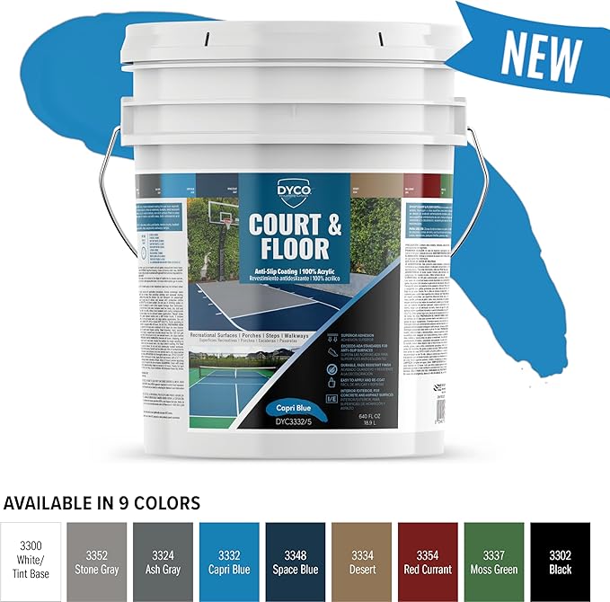 DYCO Court & Floor Anti-Slip Coating - Slip-Resistant Pavement, Cement & Concrete Paint for Pickleball, Tennis & Basketball Courts, Exceeds ADA Standards for Safety Areas (Capri Blue, 5 Gallons)