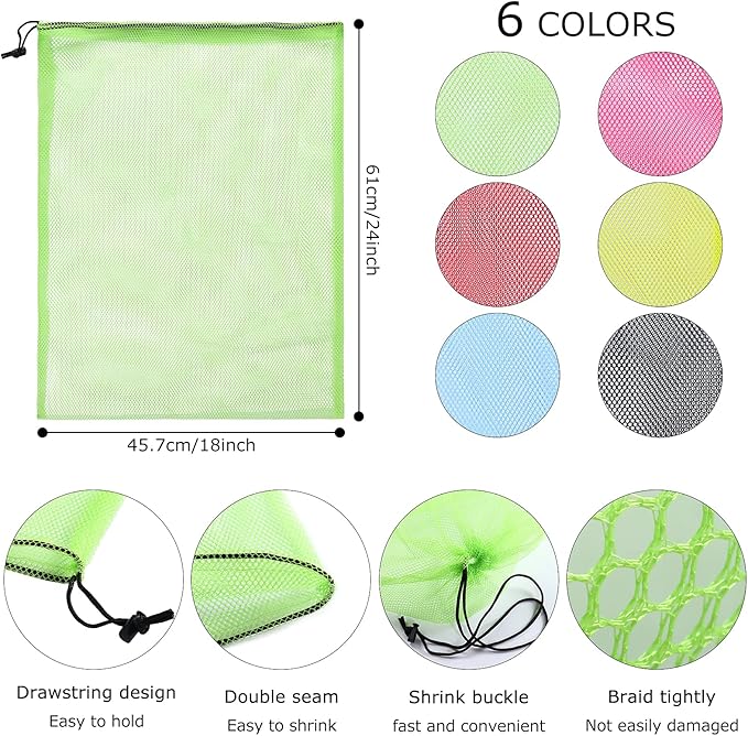 18"X24" 6Pcs Mesh Laundry Drawstring Bag Nylon Drawstring Gym Bag with Cord Lock Closure