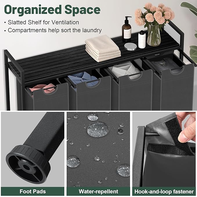 Laundry Hamper, Laundry Sorter with 4 Pull-Out Removable Oxford Fabric Bags Cloth Laundry Basket 4 x 10 Gallons (Grey and Charcoal Black)