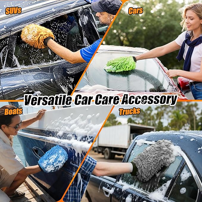 4 Pack Car Wash Mitt Microfiber, Premium Chenille Microfiber Wash Car Mitts Sponge Scratch Free & Lint-Free, Mitts Waterproof Lining Orange (8''X12'')