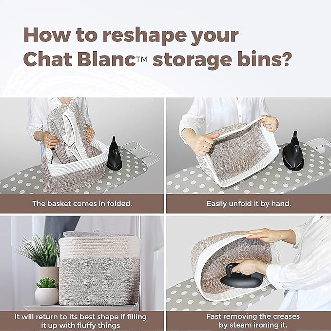 CHAT BLANC Cotton Rope Baskets for Organizing | 15”x10”x9” Storage Baskets for Shelves | Small Laundry Woven Baskets for Storage, Dog Toy Bin, Baby Basket,Off White&Brown 3 Pack