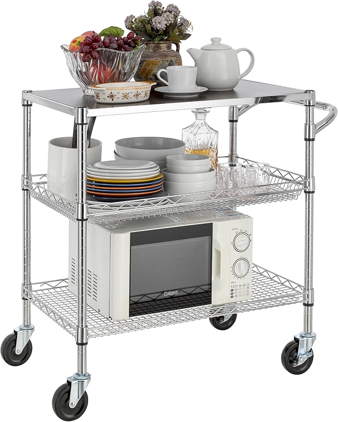 Finnhomy 3 Tier Heavy Duty Commercial Grade Utility Cart with Wood Top, Wire Rolling Cart with Wheels and Handle Bar, Kitchen Carts on Wheels, Metal Cart with 600 LBS Capacity, Chrome