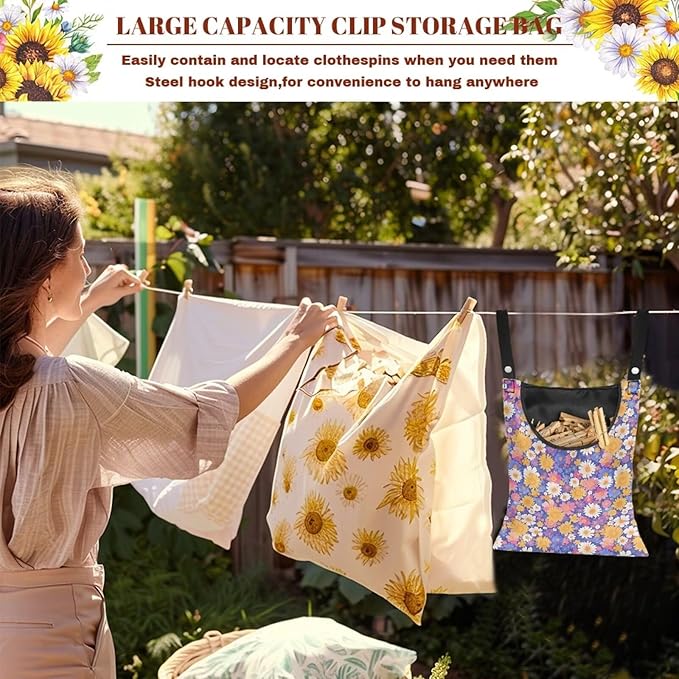 Clothespin Bag with Hanging Rope for Home Outdoor，Laundry Hanging Bag Fits Clothes Lines for Hanging Clothes Outside Balcony Bathroom Corridor Yard - Daisy Floral