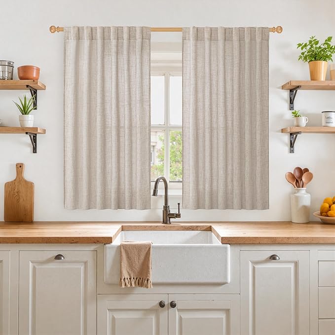 YoungsTex Short Linen Curtains 54 Inches Long for Living Room, Light Filtering Rod Pocket Burlap Textured Window Drapes with Back Tab for Kitchen Bedroom Bathroom Rustic, 52 X 54 Inch, 2 Panels