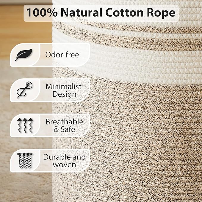 Large Laundry Hamper, Tall Woven Storage Basket for Blankets, Cotton Baby Nursery Hamper, Toys and Dirty Clothes in Bedroom and Living Room Organizing - 58L Brown & White