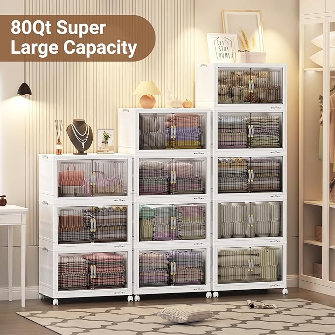 BROVIEW 400Qt Stackable Storage Bins with Lid, Extra Large Closet Organizer Collapsible Drawer Boxes with Wheels, Folding Plastic Cabinet Containers for Home Kitchen Room Organization, 5Pack White