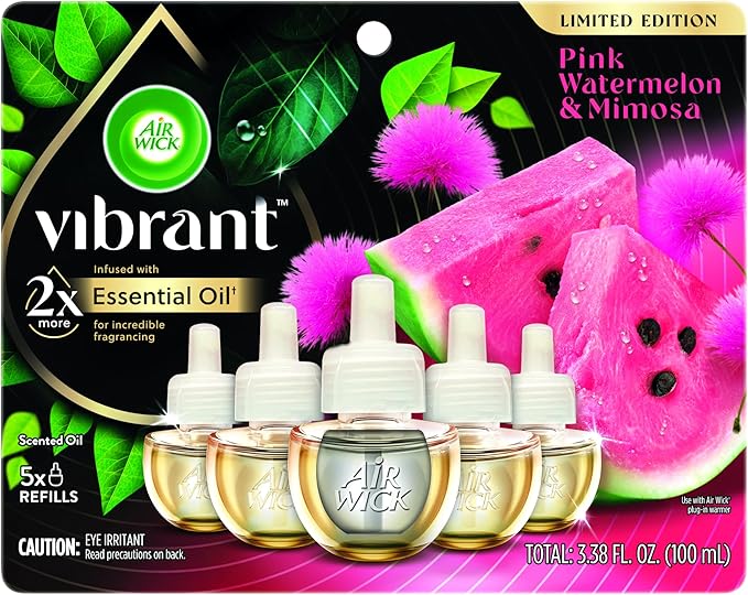 Air Wick Plug In Scented Oil Refills, Watermelon and Mimosa, Air Fresheners for Home Long Lasting, Room Fresheners,Air Freshener Plug In, Essential Oils, Home Essentials for Small&Large Spaces,5 ct