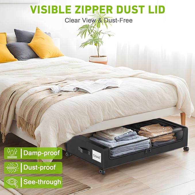 Under Bed Storage with Wheels, 2-Pack Under the Bed Storage Containers with Clear Lids & Label, Underbed Storage Bins, XXL 60L Rolling Metal Drawer for Clothes, Shoes, Toys, Books - Black