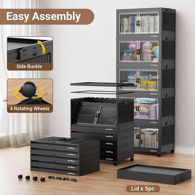 BROVIEW 360Qt Stackable Storage Bins with 3 Lids, Extra Large Closet Organizer Collapsible Drawer Boxes with Wheels, Folding Plastic Cabinet Containers for Home Kitchen Room Organization, 3Pack Black