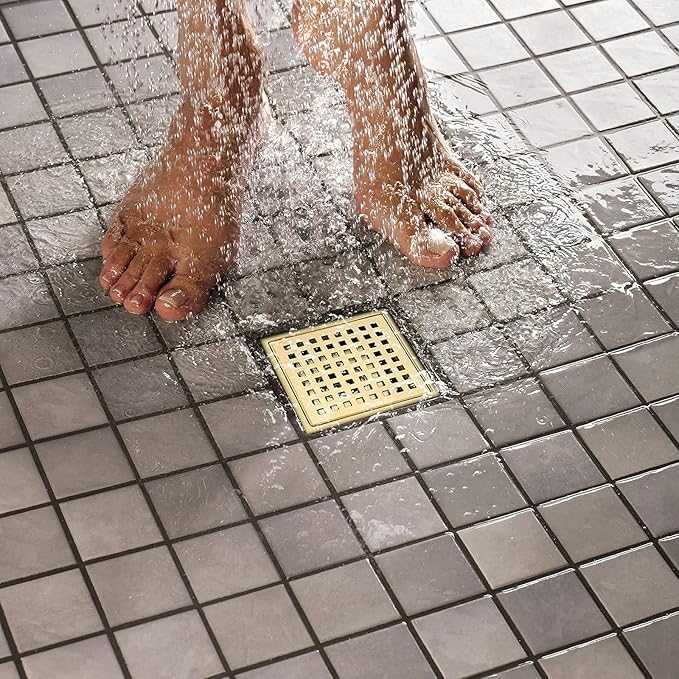 RANDOM Brushed Gold Shower Drain Square 6 Inch Shower Floor Drain with Grid Grate & Removable Hair Strainer 304 Stainless Steel Shower Drain Cover Bathroom Accessories.98738BG