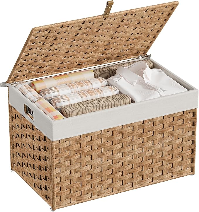 HOOBRO Storage Basket with Lid, 17.2 Gallon (65L) Wicker Basket, Handwoven Blanket Storage Basket with Handles, Metal Frame and Soft Lining, Foldable for Bedroom, Laundry Room, Natural NL265CW01