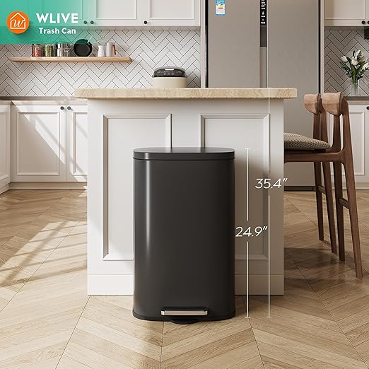 WLIVE 13 Gallon Stainless Steel Trash Can with Inner Bucket, Kitchen Garbage Can with Lid, 50L Soft Close Step Trash Can with Metal Foot for Home, Kitchen, Laundry Room, Office, Black