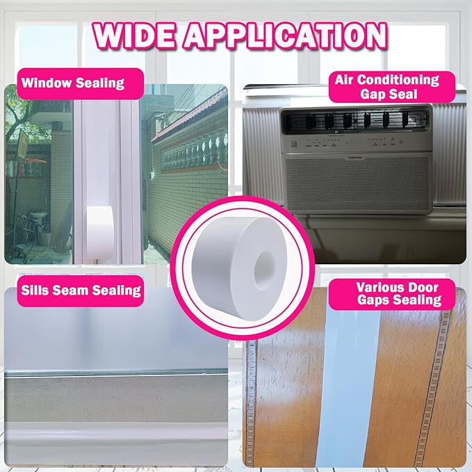 White Window Weather Sealing Tape, Waterproof Window AC Air Conditioner Sealing Tape Can Keep Out Drafts Cold Air Rain Dust Smog(2IN X 99FT)