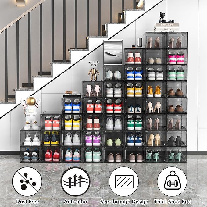 12 Pack Hard Sturdy Thickened Rigid XX Large Shoe Storage Organizer for Closet, Clear Stackable Sneaker Shoe Boxes Rack Containers Display Case Bins with Lids, Grey