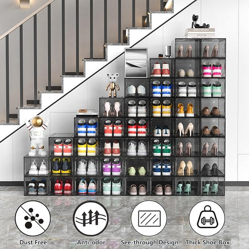 12 Pack Hard Sturdy Thickened Rigid XX Large Shoe Storage Organizer for Closet, Clear Stackable Sneaker Shoe Boxes Rack Containers Display Case Bins with Lids, Grey