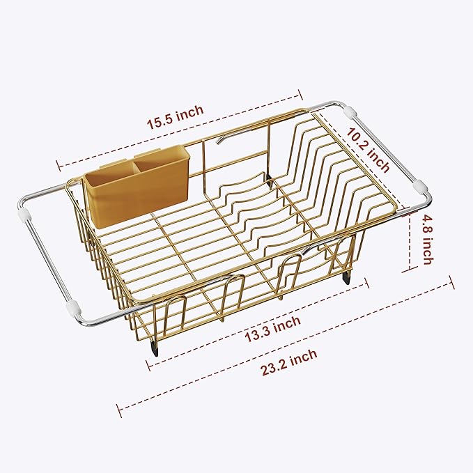 JASIWAY Sink Dish Drying Rack, Expandable Stainless Steel Dish Rack Over Sink, Kitchen Sink Drain Strainer with Cutlery Holder & Cup Holders, Space Saving Plates Dryer Rack, Gold