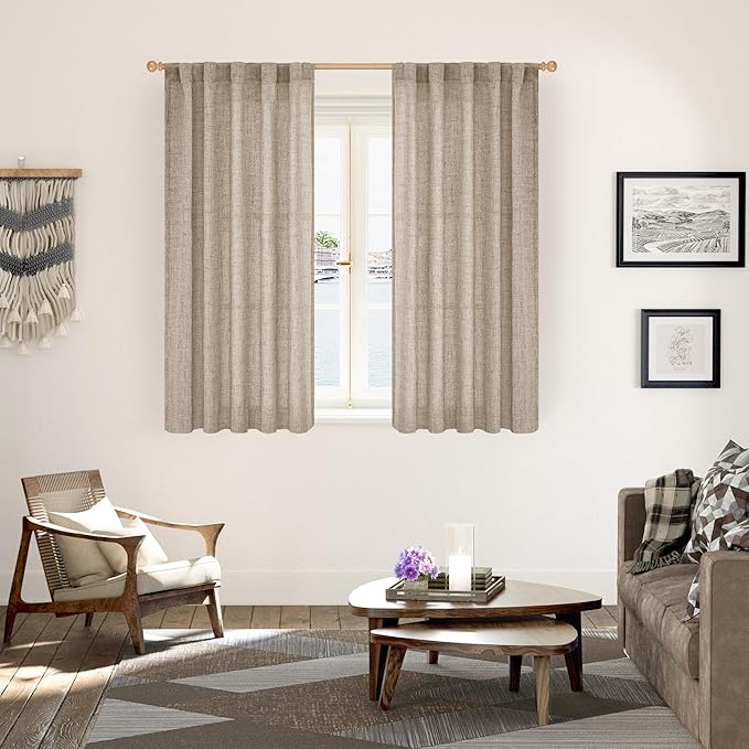 YoungsTex Dark Oatmeal Linen Curtains 48 Inch Length for Short Kitchen Window, Textured Semi Sheer Drapes Light Filtering with Rod Pocket Back Tab for Bathroom Living Room, 2 Panels, 42 X 48 Inch