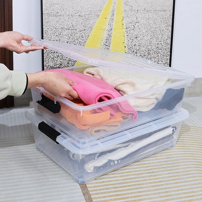 25 Quart Plastic Under Bed Storage Boxes, Wheeled UnderBed Storage Container, 3 Pack, Clear