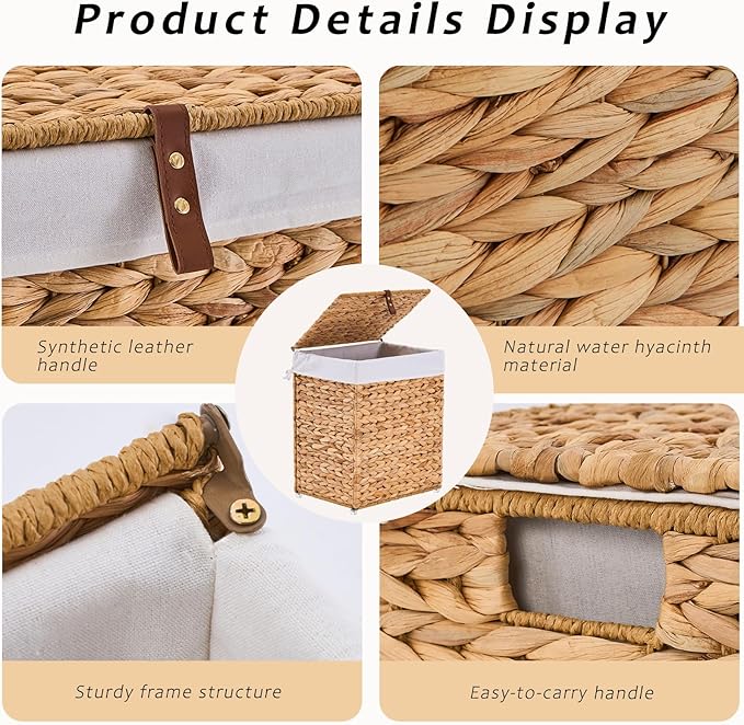 Handwoven Laundry Basket with Lid, Natural Water Hyacinth Storage Basket with Handle, Removable Cotton Liner, Durable and Stylish for Bedroom, Bathroom, Laundry Room