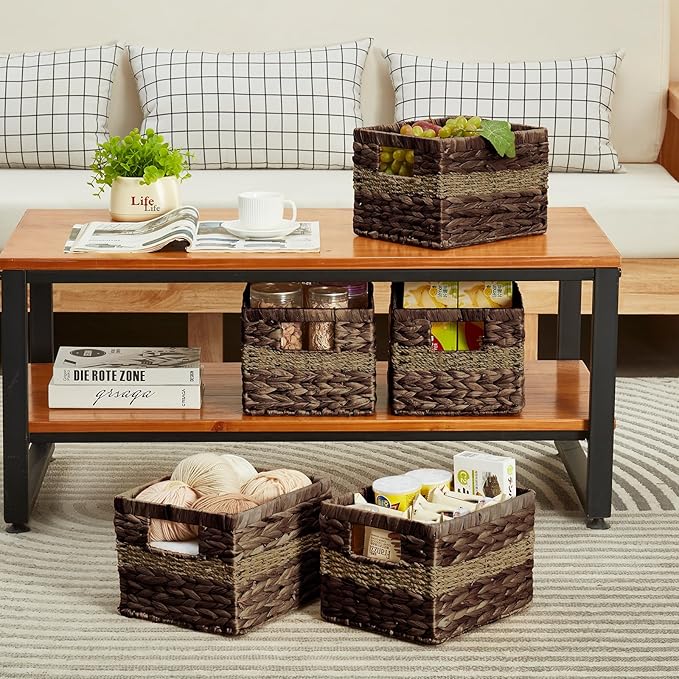 Water Hyacinth Wicker Basket, Decorative Woven Baskets with Built-in Handles, Hand-woven Storage Organizer for Organizing Pantry, Livingroom, Bedroom, Shelves, Toilet(2-PACK, Brown)