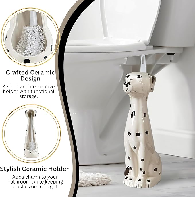 Allure Home Creation Dalmatian Dog White & Black 2-Piece Ceramic Toilet Brush Holder w/White Plastic Handled Scrub Brush, 9.4” x 5.3” x 16.7”