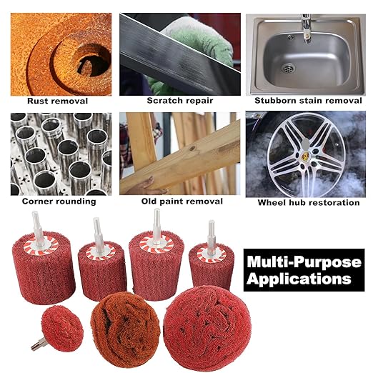 HighFree 7 PCS Non Woven Abrasive Buffing Polishing Wheels Drill Attachment Set - Scouring Pads Wheel with 1/4" Shank for Stainless Steel Copper Aluminum Wood-Wares (320 Grit Red)