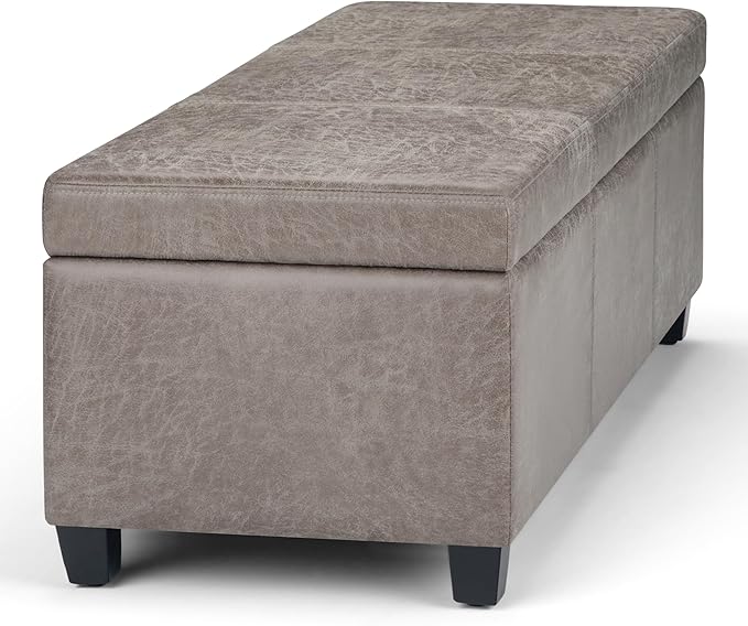 SIMPLIHOME Avalon 48 inch Wide Contemporary Rectangle Storage Ottoman Bench in Distressed Grey Taupe Vegan Faux Leather, Assembled, for the Living Room, Entryway and Family Room