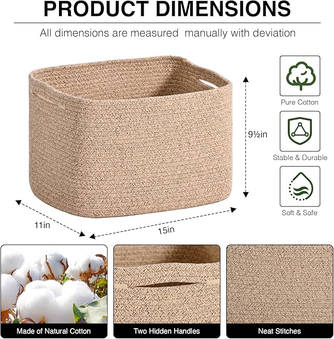 Woven Cotton Rope Storage Basket for Organizing, Cute Decorative Baskets for Gifts Empty, Organizer Bins for Dog Toy, Baby Laundry, 15“×11”×9.5“, Brown