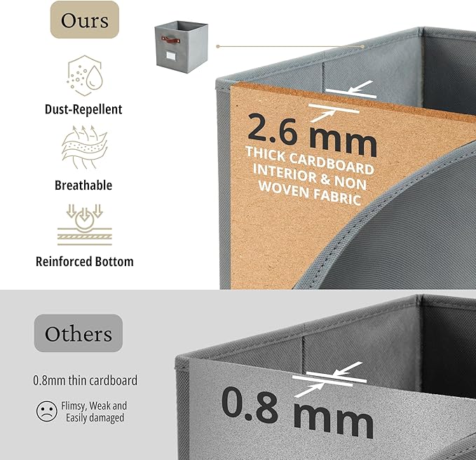 DECOMOMO Storage Bins, Cube Storage Bin with Labels, Fabric Storage Cubes for Shelves (10.5" x 11" / 6pcs, Grey)