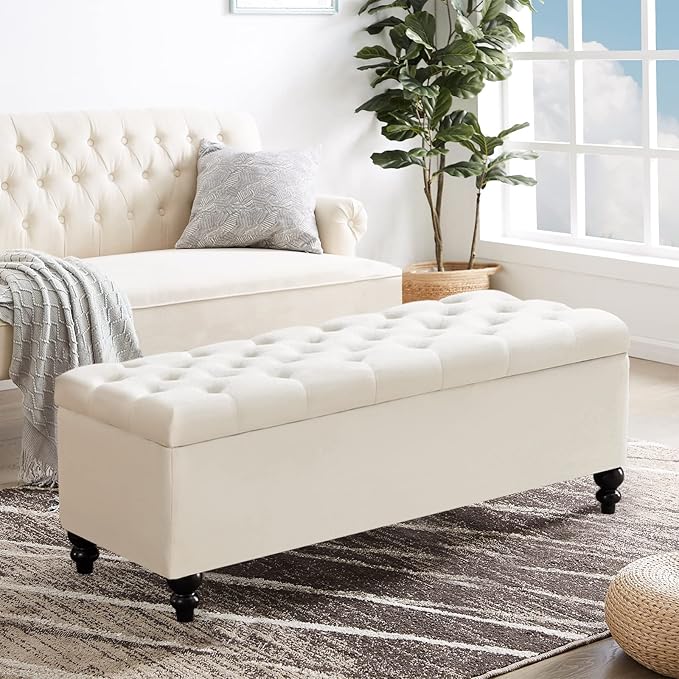 Storage Ottoman 50.2 Inches Upholstered Fabric Storage Ottoman Bench，Button Tufted Ottoman with Storage for Living Room，Bedroom End of Bed Bench Withstands 304lbs (Ivory)