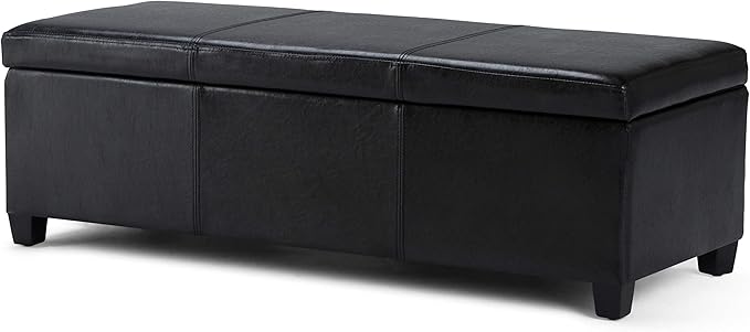 SIMPLIHOME Avalon 48 inch Wide Contemporary Rectangle Storage Ottoman Bench in Midnight Black Vegan Faux Leather, Assembled, for the Living Room, Entryway and Family Room