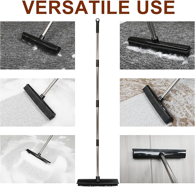 Rubber Broom and Pet Hair Removal Brush Set for Carpet,Fur Remover Rake with Squeegee,Lint Brush for Pet Dog Cat Hair