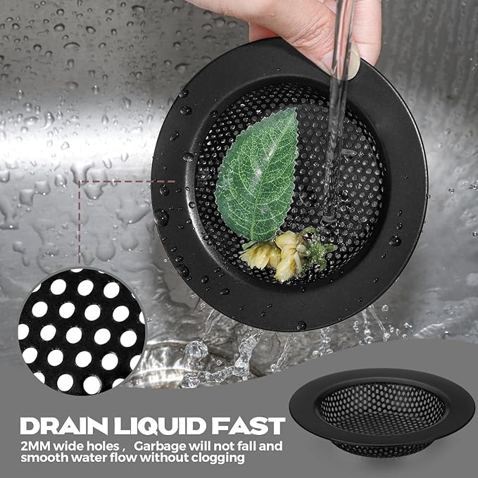 Retisee 2 Pcs Sink Strainer Stainless Steel Kitchen Sink Drain Strainer Basket Cover Mesh Hair Food Catcher, Large Wide Rim of 4.4 Diameter(Matte Black)