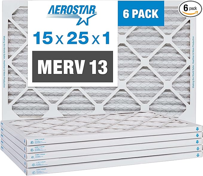 Aerostar 15x25x1 MERV 13 Pleated Air Filter, AC Furnace Air Filter, 6 Pack (Actual Size: 14 1/2" x 24 1/2" x 3/4")