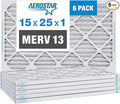 Aerostar 15x25x1 MERV 13 Pleated Air Filter, AC Furnace Air Filter, 6 Pack (Actual Size: 14 1/2" x 24 1/2" x 3/4")