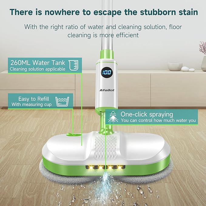 AlfaBot Cordless Electric Mop for Floor Cleaning, Dual Spin Mop with LED Headlight/Water Spray/Self-Propelled,Clean up to 2700 ft²,Rechargeable Electric Mops with Big Water Tank for Multi Floors