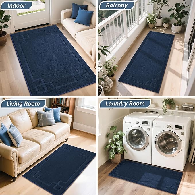BEQHAUSE Door Mat 24" x 60", Non-Slip Door Mats Indoor Entryway Rugs Washable Low-Profile Absorbent and Stain Resist Floor Mats, Dog Door Mat for Front Back Door, Muddy Wet Shoes & Paws, Navy Blue