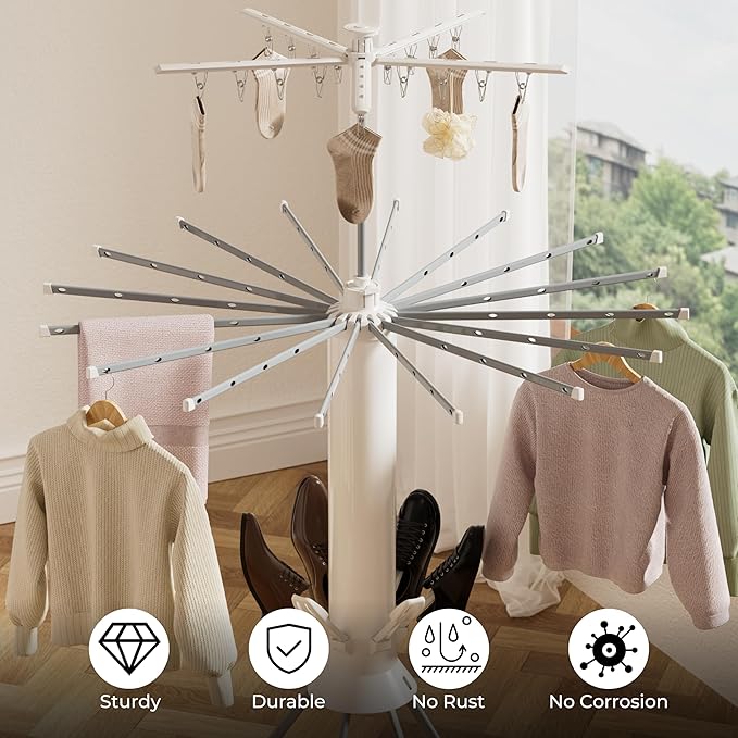 Clothes Drying Rack, 4-Legged Portable Drying Rack Clothing with 20 Clips, Shoe Dryer Rack, Outdoor Foldable Laundry Drying Racks with 4 Pulleys, Aluminum Hanging Dry Rack
