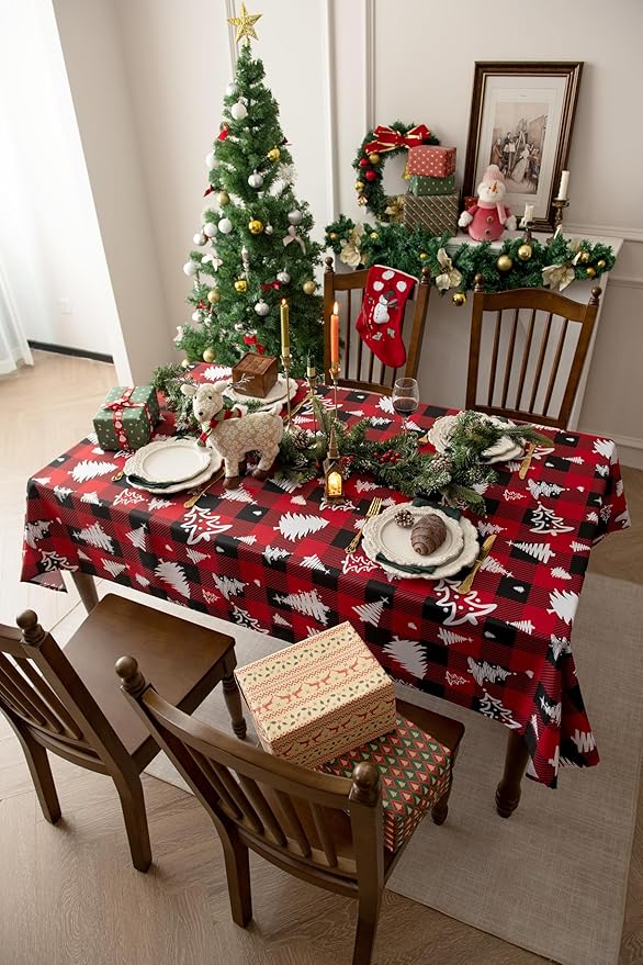 Red Waterproof Plaid Christmas Tree Tablecloth Fabric - Square 58x58 Inch Classic Gingham Checker Holiday Table Cloth for Indoor Use - Xmas Table Cover for Picnics, BBQs, and Parties