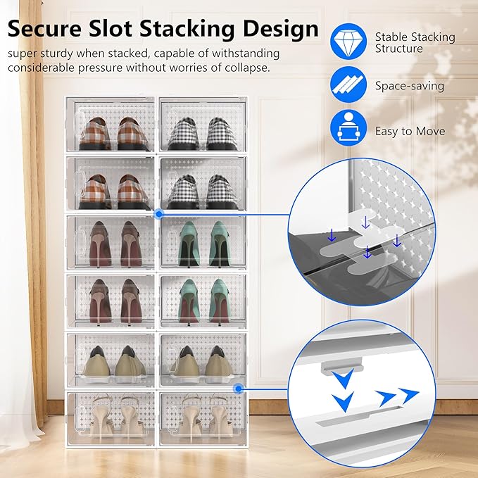 12 Pack Large Modular Clear Plastic Stackable Shoe Storage Organizer for Closet, Space Saving Versatile Sneaker Shoe Rack Containers Bins Holders, Portable Closet Organizers and Storage, White