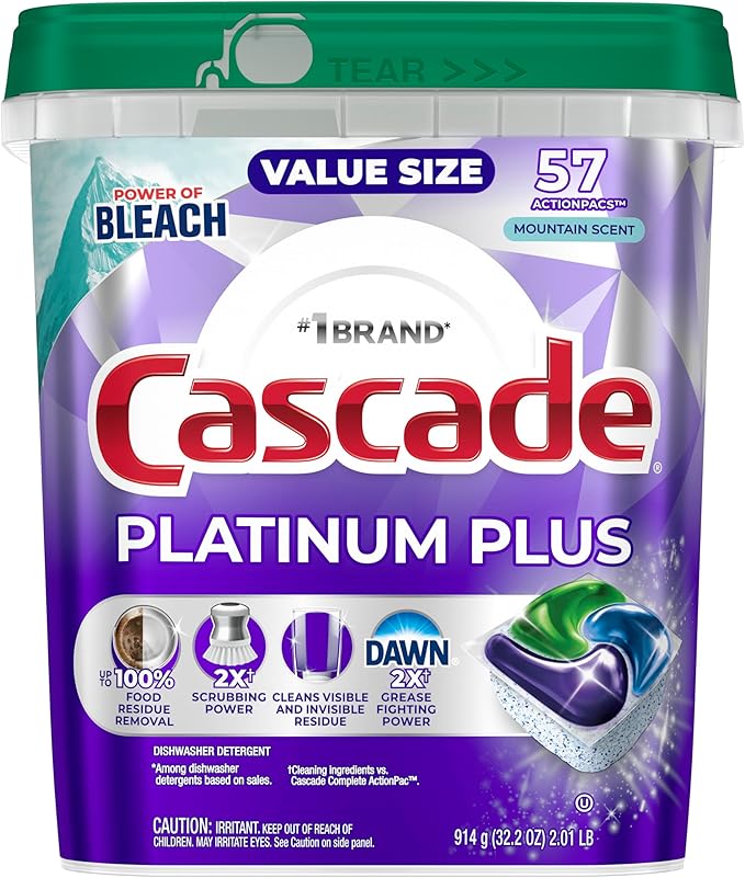 Cascade Platinum Plus Dishwasher Pods, Dishwasher Detergent, Dish Detergent Soap, Mountain, 57 Count