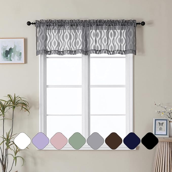 Aiyufeng Grey Valances for Windows, Clip Jacquard Chic Wavy Line Voile Sheer Curtains for Basement, Lightweight Airy Rod Pocket Short Curtains, 2 PCS, 40" Wx14" Inches