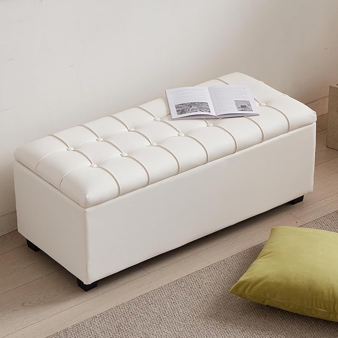Small 38 Inches Long White Ottoman Bench with Storage,Footstool Furniture End of Bed Benches,Faux Leather Ottomans and Seat for Foot Rest in Bedroom, Living Room, Entryway