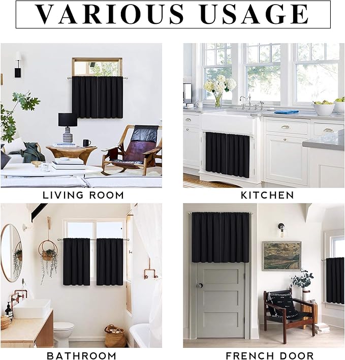RYB HOME Short Blackout Curtains 2 Panels, Room Darkening Drapes for Girls Bedroom Heavy Duty Privacy Curtain Draperies for Bunk Bed Camper RV Bathroom, W29 x L 30 inches, Black