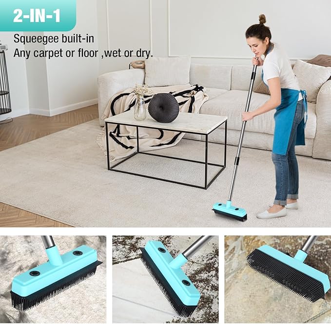 Broom with Dustpan Combo Set,Pet Hair Rubber Broom with Carpet Rake and Squeegee,Long Handle Broom with Upright Standing Dustpan for Indoor Cleaning (Broom and Rubber Broom)