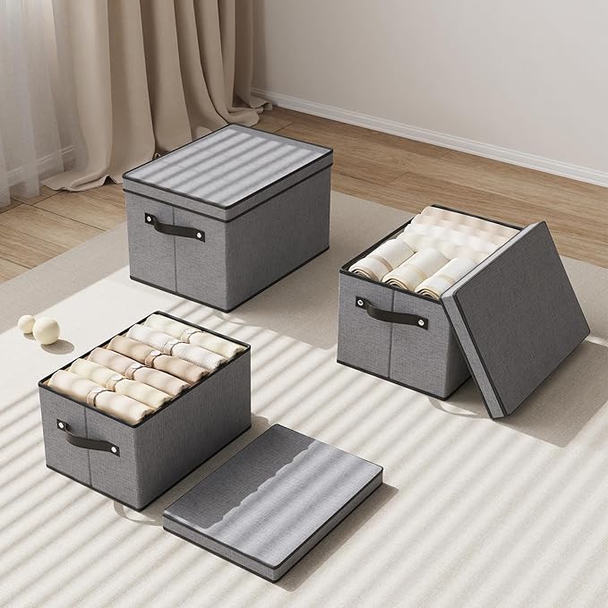 Clothing Storage Bins, Blanket Baskets for Shelves, Fabric Cubes with Handles and Lids, Decorative Linen Closet Organizers Boxes, Gray, 3 Pack, 16.5 x 11.8 x 10.2 Inch